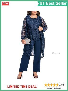 Plus Size 3 Piece Chiffon Pantsuit with Lace Jacket & Tank Top Formal Evening